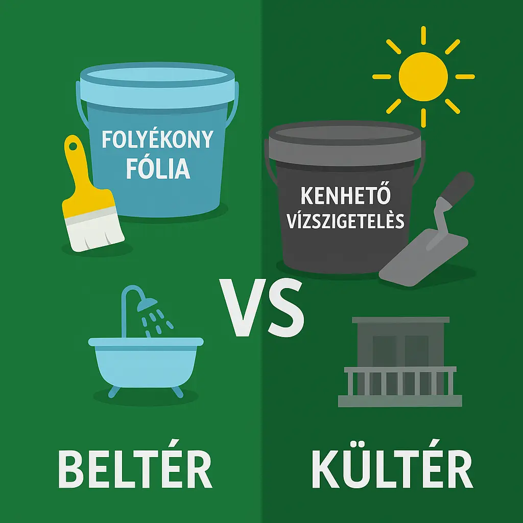 Folyékony fólia vs. Kenhető vízszigetelés – összehasonlítás Két vödör illusztráció: az egyik világoskék, ecsettel – folyékony fólia jelölés; a másik sötétszürke, glettvassal – kenhető vízszigetelés. A kettőt középen „VS” választja el zöld háttéren.